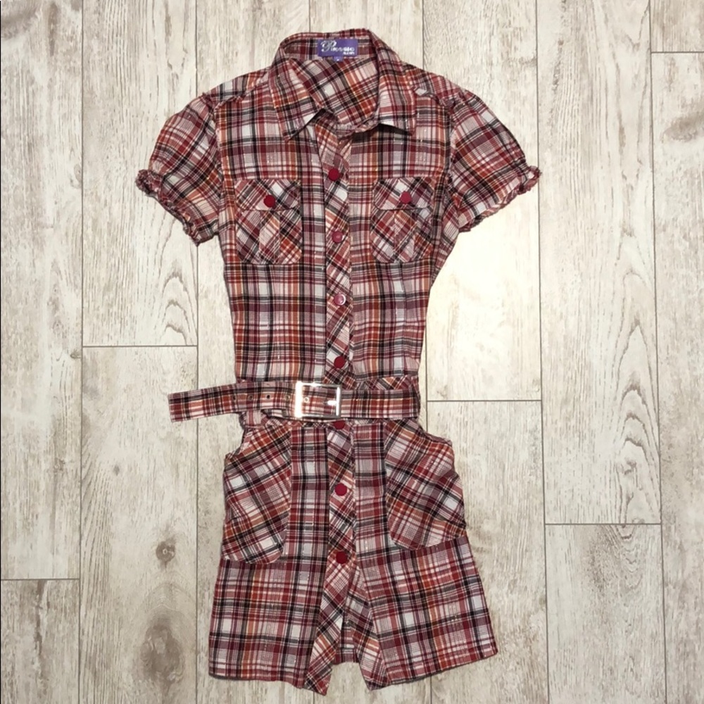 Pudding jeans plaid buttoned down dress belt S